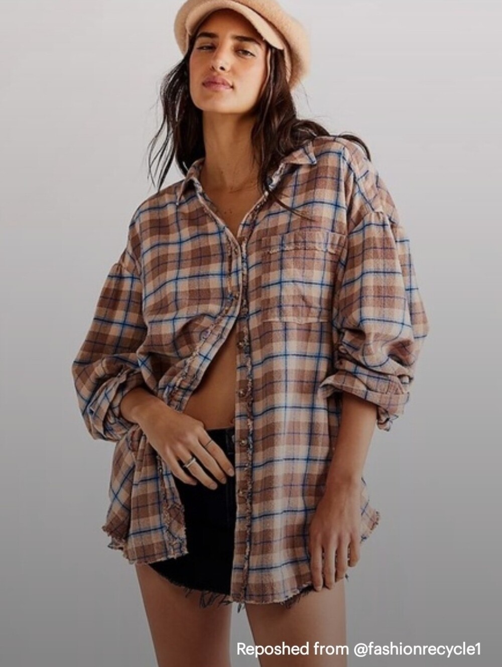 Free People Casual Oversized Plaid Button-Up Shirt - Tan Blue